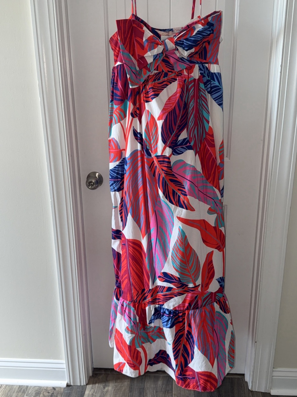 Hutch White Maxi Dress with Red, Pink & Blue Leaf Print